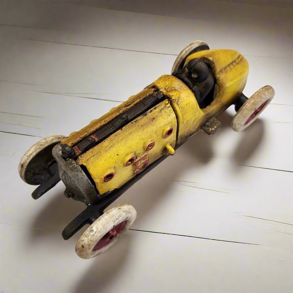 Yellow Racer Cast Iron Car With Moving Hood and Wheels (8.5" x 3") - Jones Peak