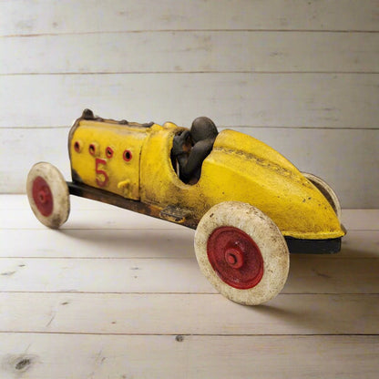 Yellow Racer Cast Iron Car With Moving Hood and Wheels (8.5" x 3") - Jones Peak