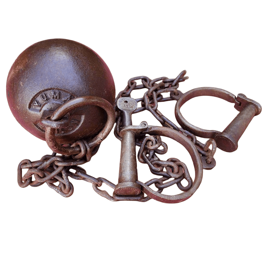 Yuma Prison Cast Iron Working Ball & Chain Leg Irons With Antique Finish (28" Long) - Jones Peak